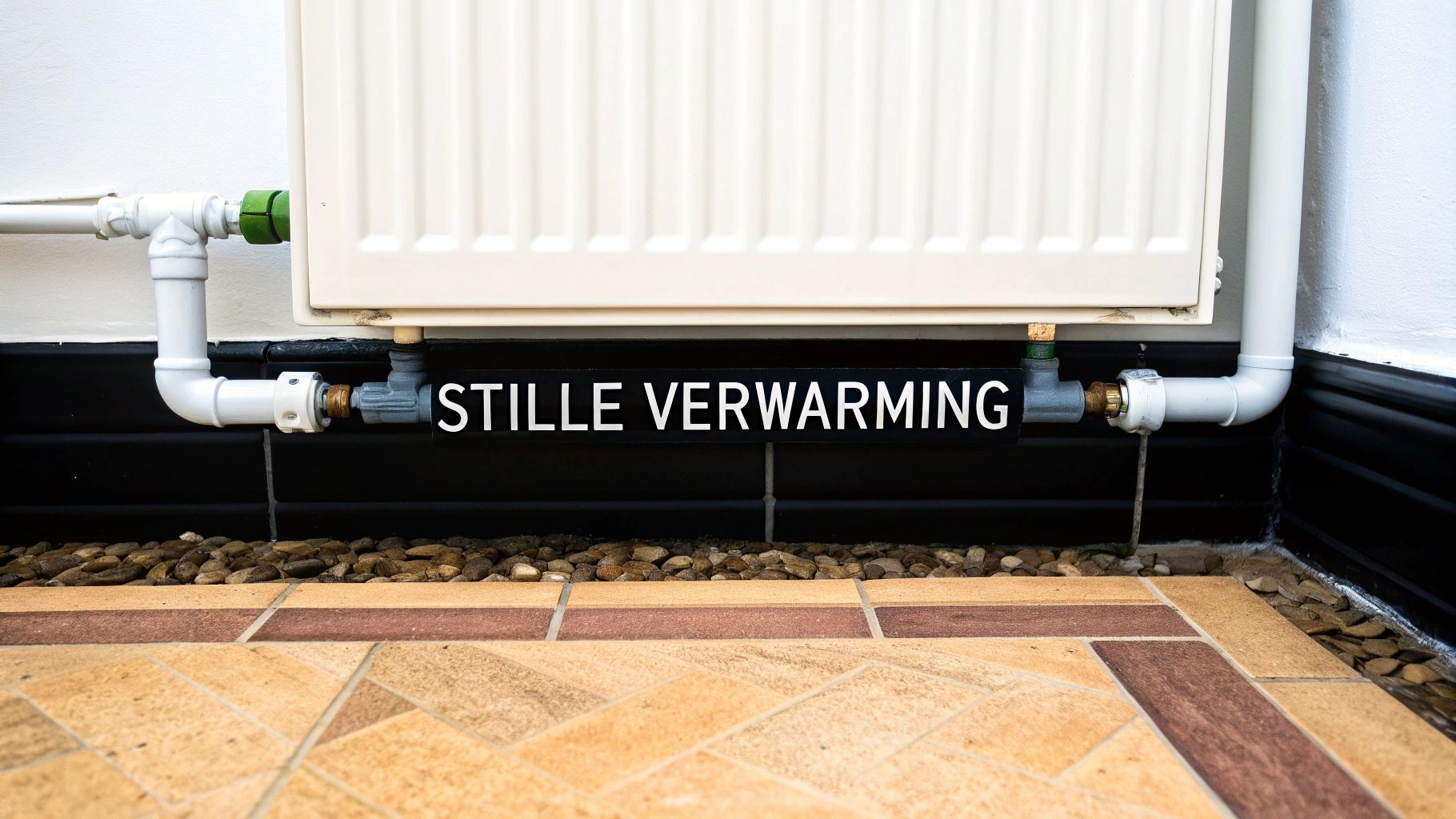 Witte radiator met aangesloten leidingen en een zwart bordje met de tekst 'STILLE VERWARMING' eronder.
