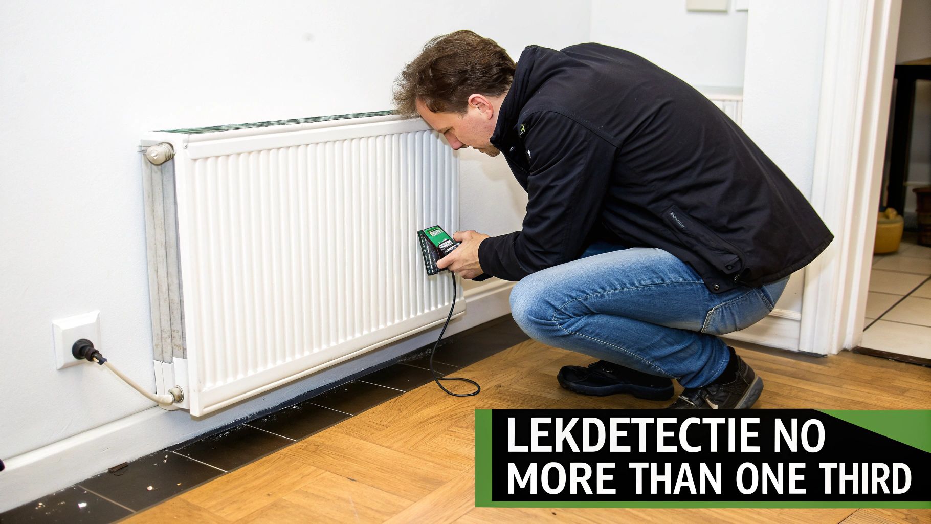 Een man in spijkerbroek en donkere jas inspecteert een radiator op lekken met een digitaal apparaat.