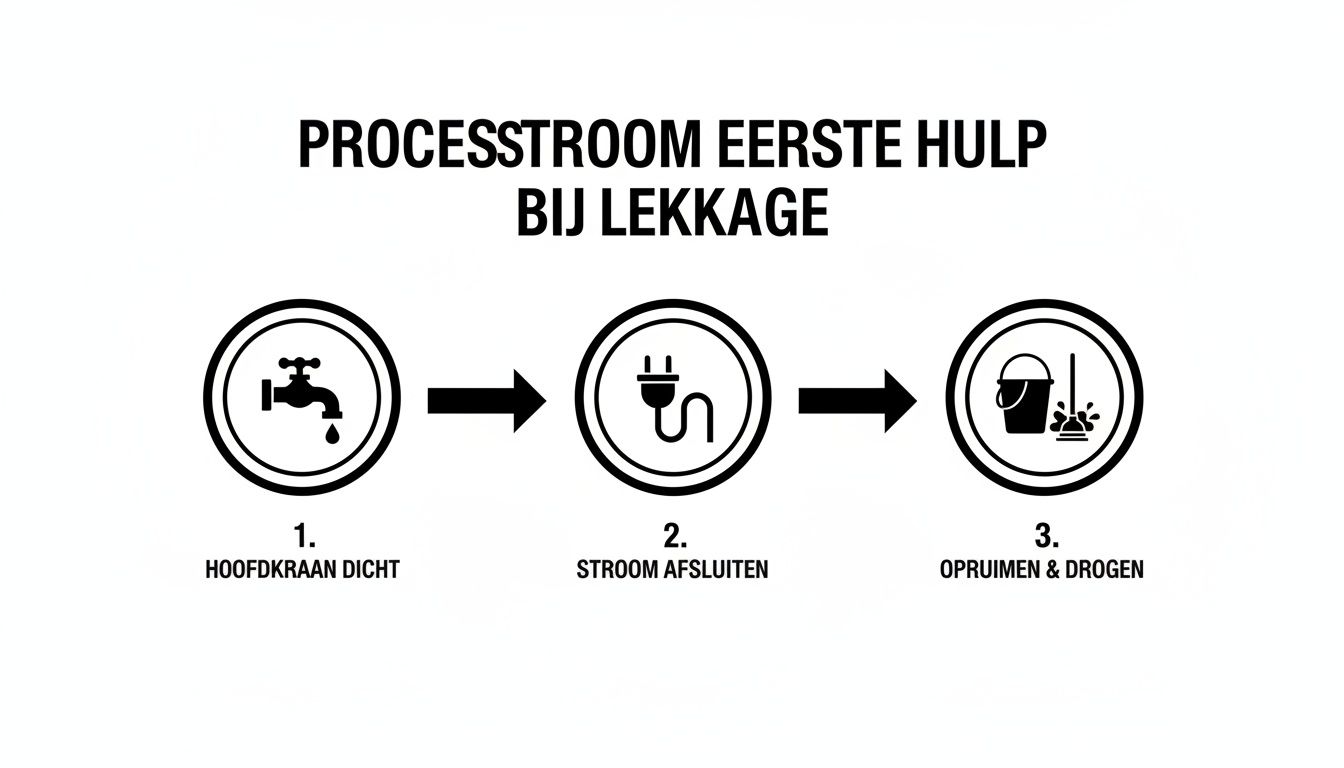 Afbeelding van een stappenplan voor eerste hulp bij lekkage: kraan dicht, stroom uit, opruimen.