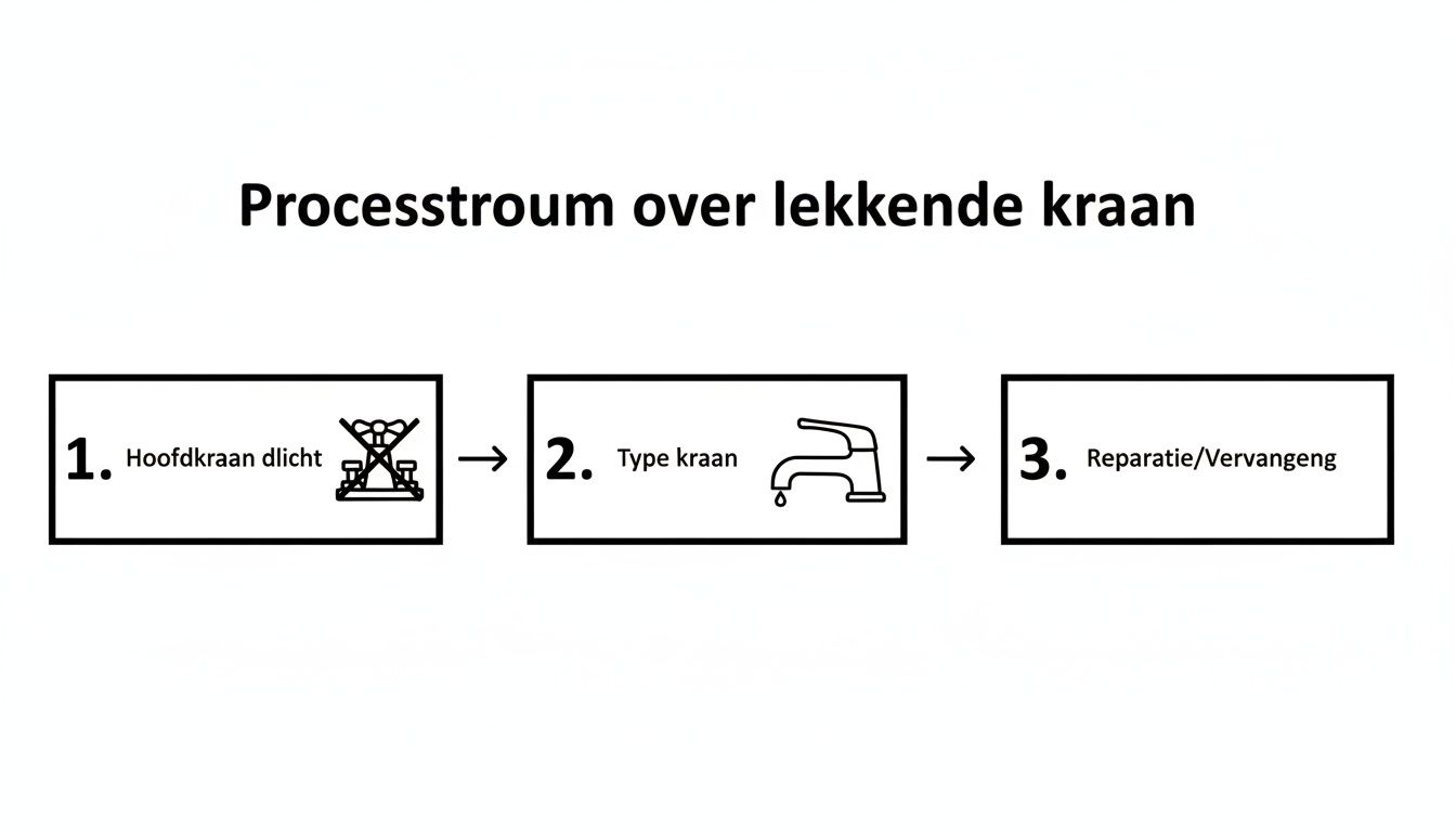 Stroomdiagram over het repareren van een lekkende kraan, inclusief afsluiten hoofdkraan, bepalen kraantype en reparatieopties.