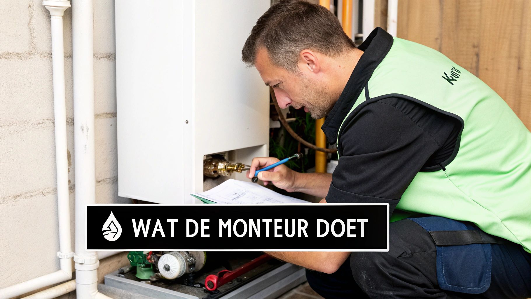 Een monteur in werkkleding inspecteert zorgvuldig een cv-ketel en maakt aantekeningen.
