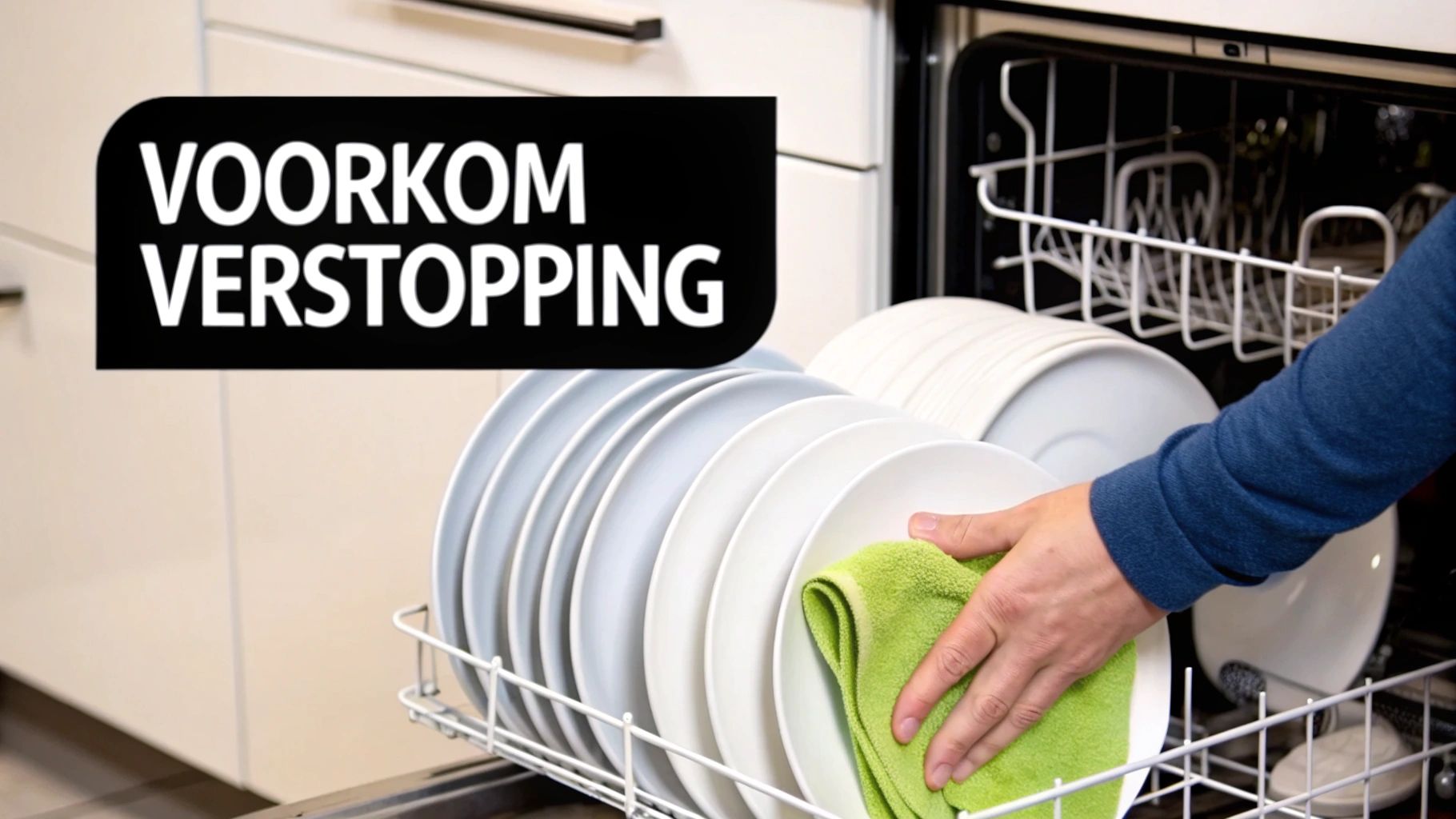 Een hand plaatst schone borden in een vaatwasser, met de tekst 'Voorkom Verstopping'.