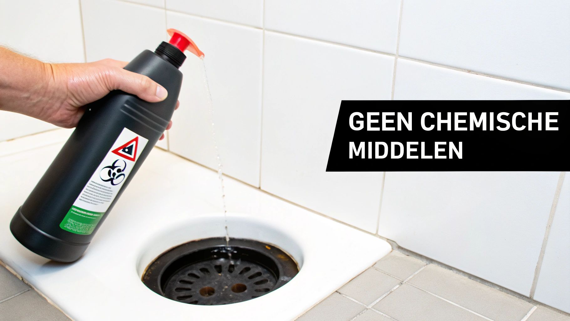 Hand giet vloeistof uit zwarte fles met waarschuwingslabels in afvoer, met tekst 'GEEN CHEMISCHE MIDDELEN'.