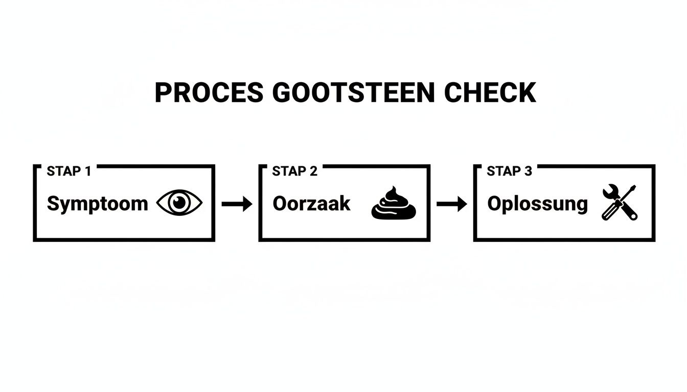 Een schematisch overzicht van het proces voor het controleren van een gootsteen, met symptoom, oorzaak en oplossing.