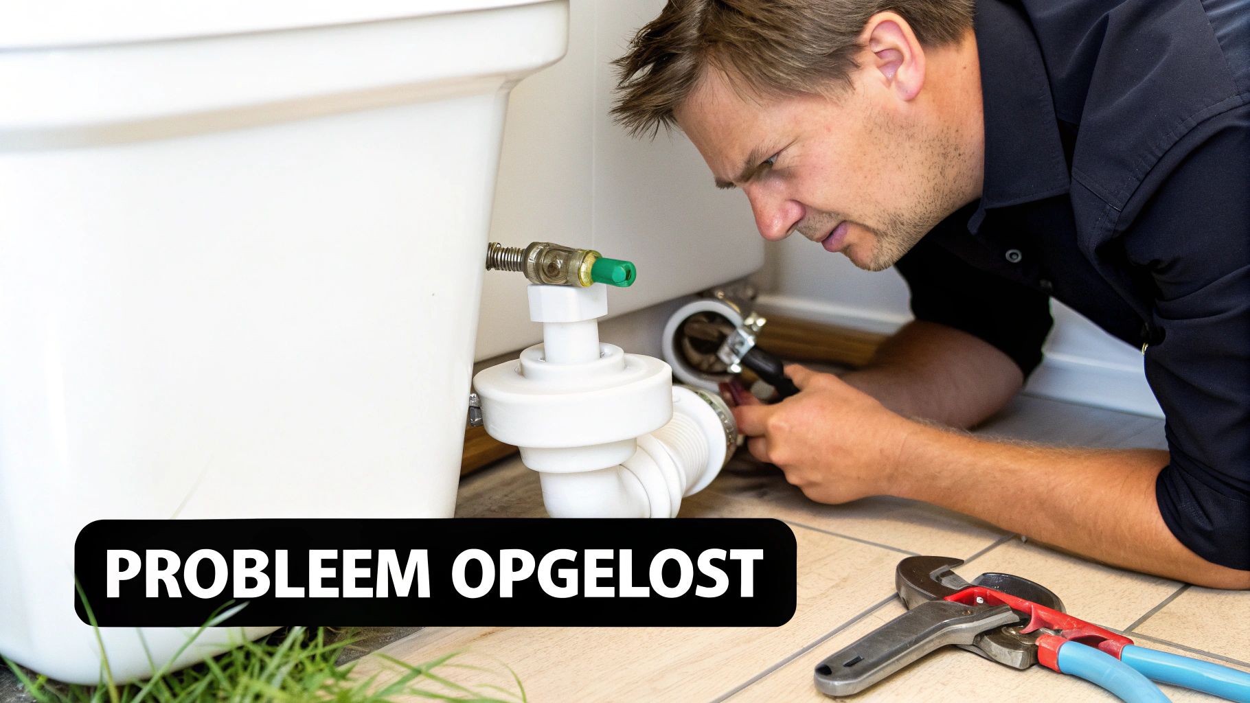 Een loodgieter repareert de afvoer onder een witte wc-pot, met gereedschap op de vloer. De tekst "PROBLEEM OPGELOST" is zichtbaar.