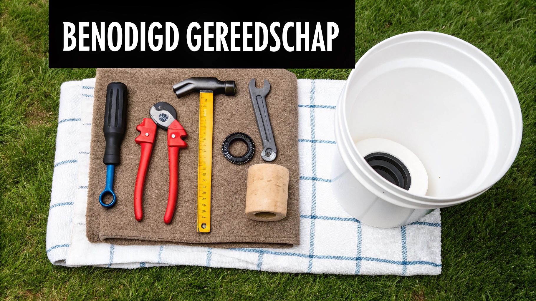 Een overzicht van benodigd gereedschap, inclusief een schroevendraaier, tang, hamer en sleutel, op handdoeken in het gras.