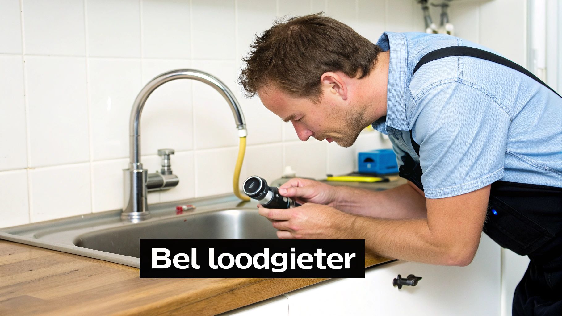 Een loodgieter inspecteert een gootsteen in een keuken, met de tekst 'Bel loodgieter' in beeld.