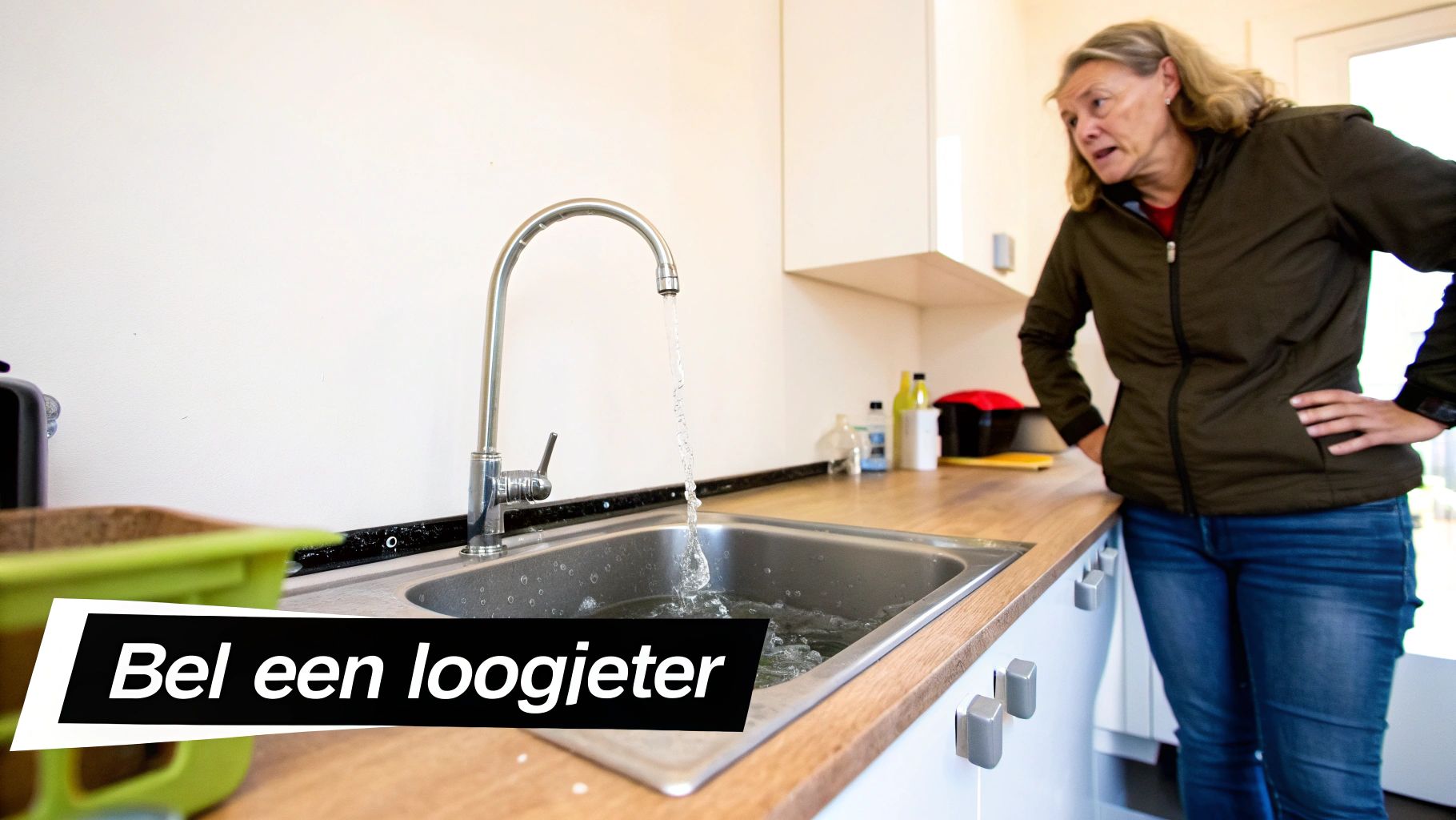 Vrouw kijkt bezorgd naar overstromende gootsteen in de keuken met lopende kraan en de tekst 'Bel een loodgieter'.