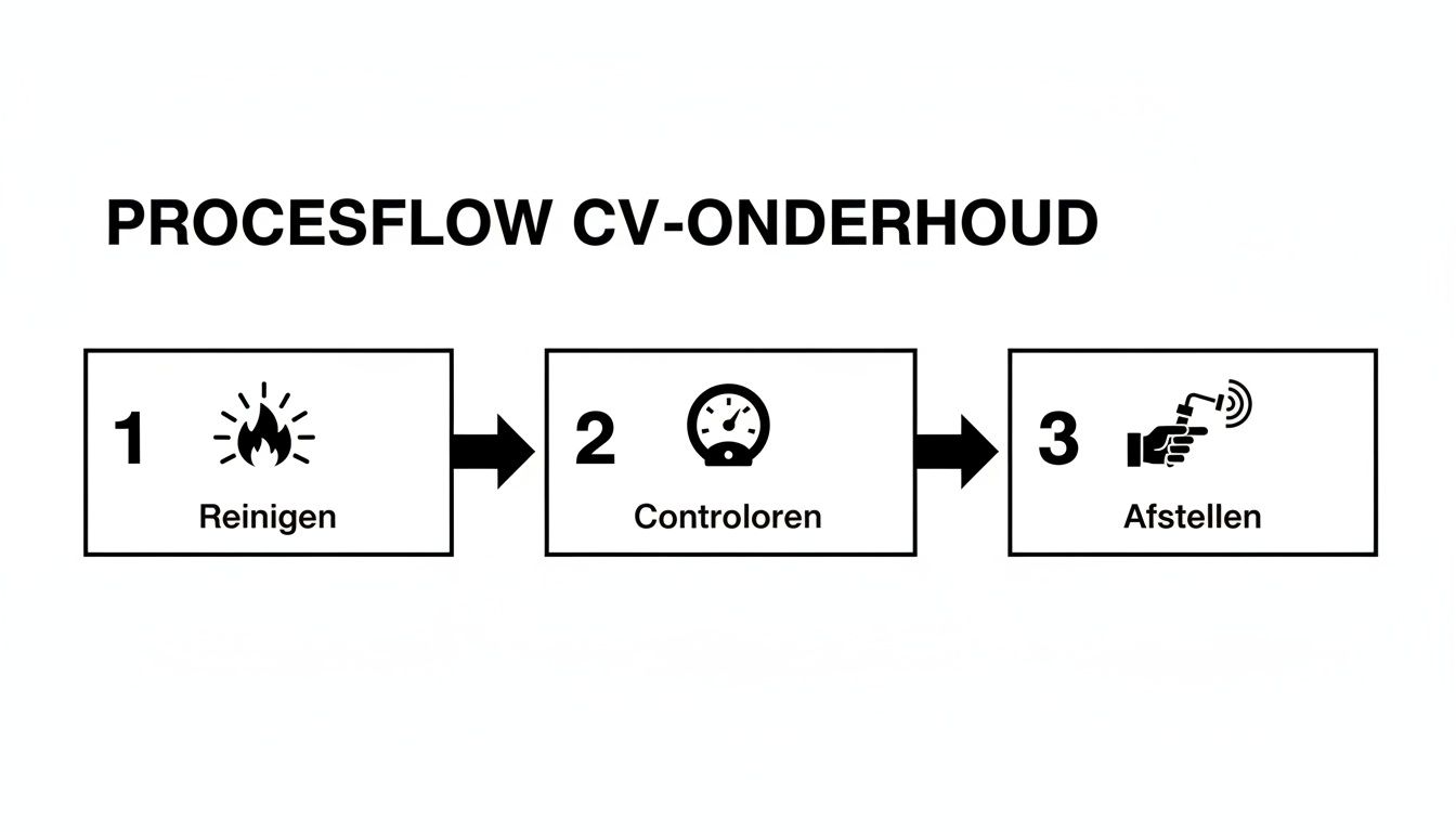 Overzicht van de processtappen voor CV-onderhoud: reinigen met vlamicoon, controleren met meter en afstellen met hand en straal.