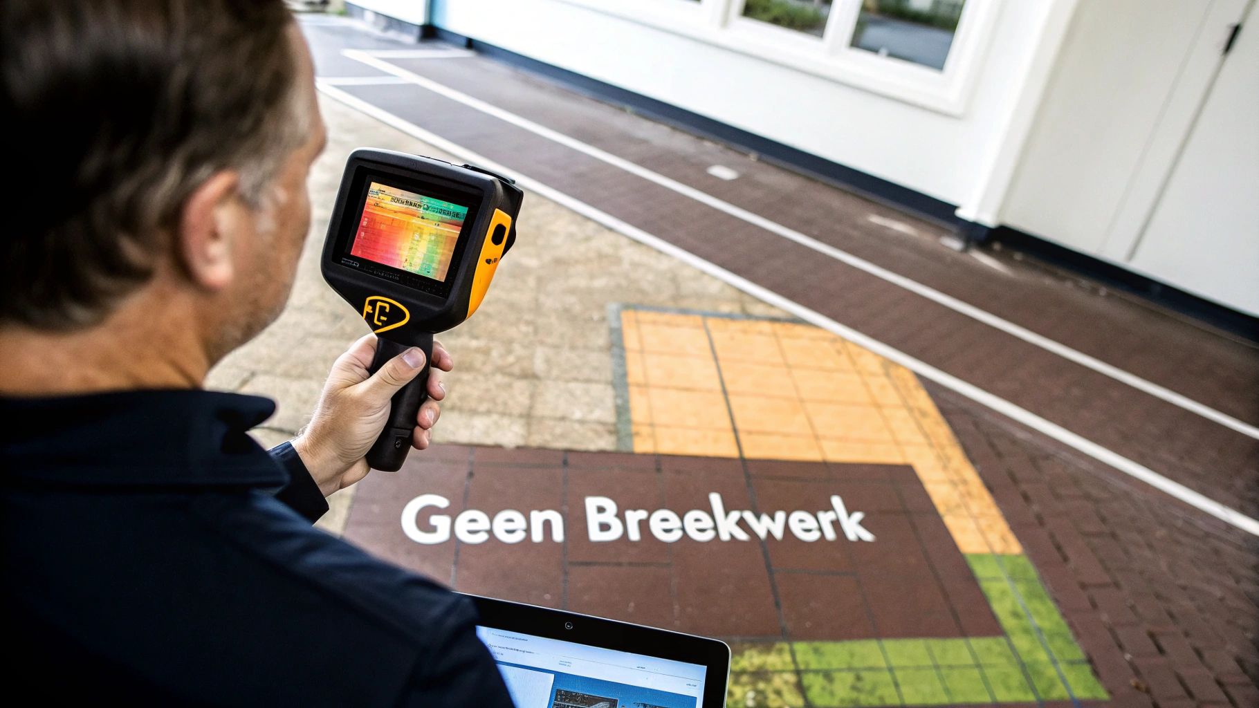 Een man scant met een thermische camera de vloer met tekst 'Geen Breekwerk' om lekkages op te sporen.