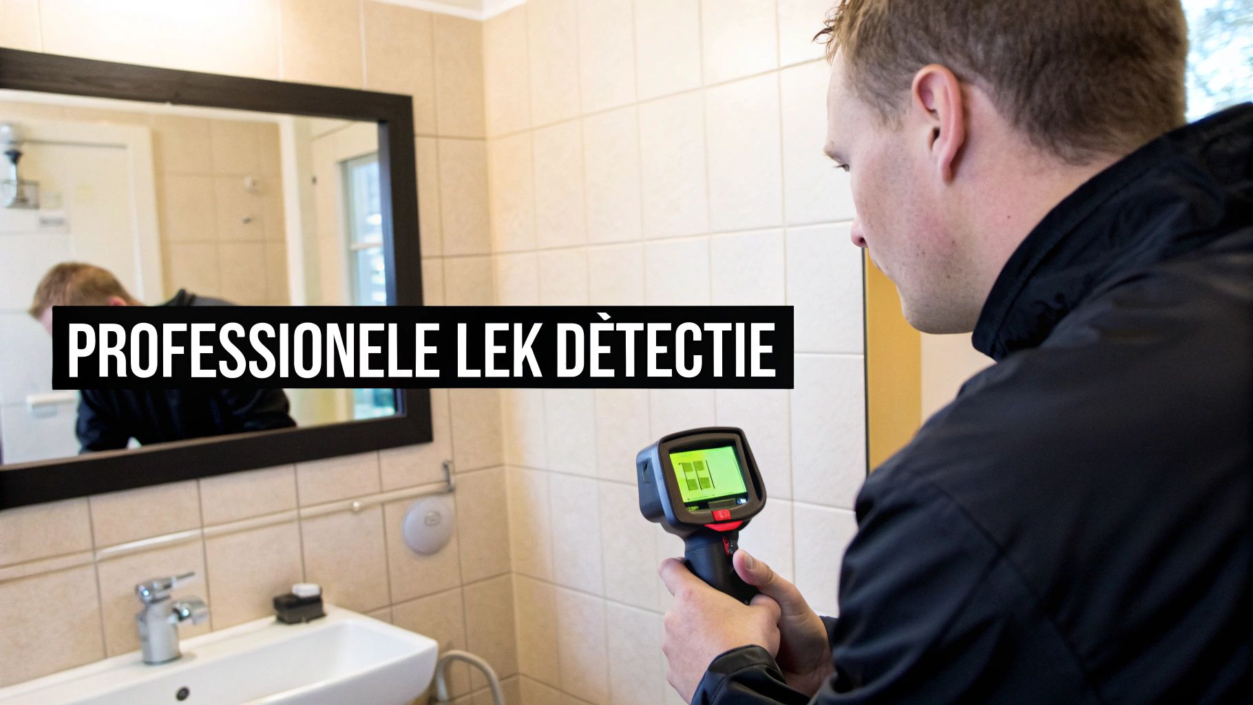 Een man detecteert professioneel lekkage in een badkamer met een thermische camera bij een wastafel en spiegel.