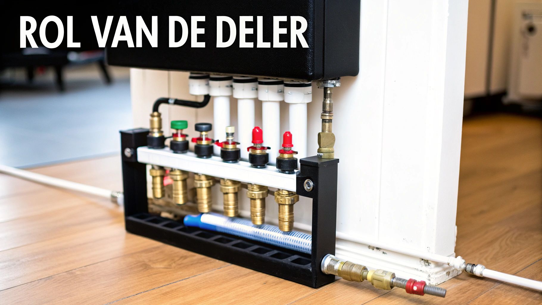 Vloerverwarming verdeler met diverse aansluitingen en kranen, geplaatst op een houten vloer.