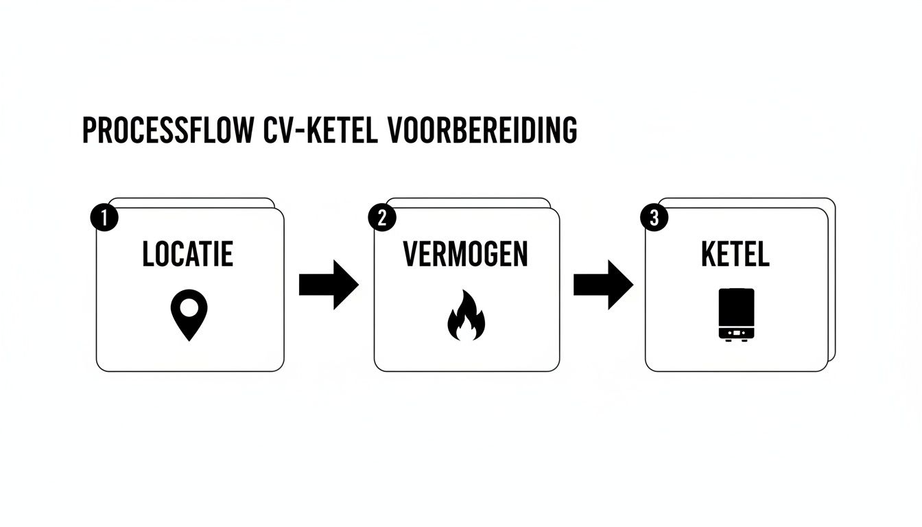 Procesflow voor CV-ketel voorbereiding met stappen voor locatie, vermogen en type ketelkeuze.