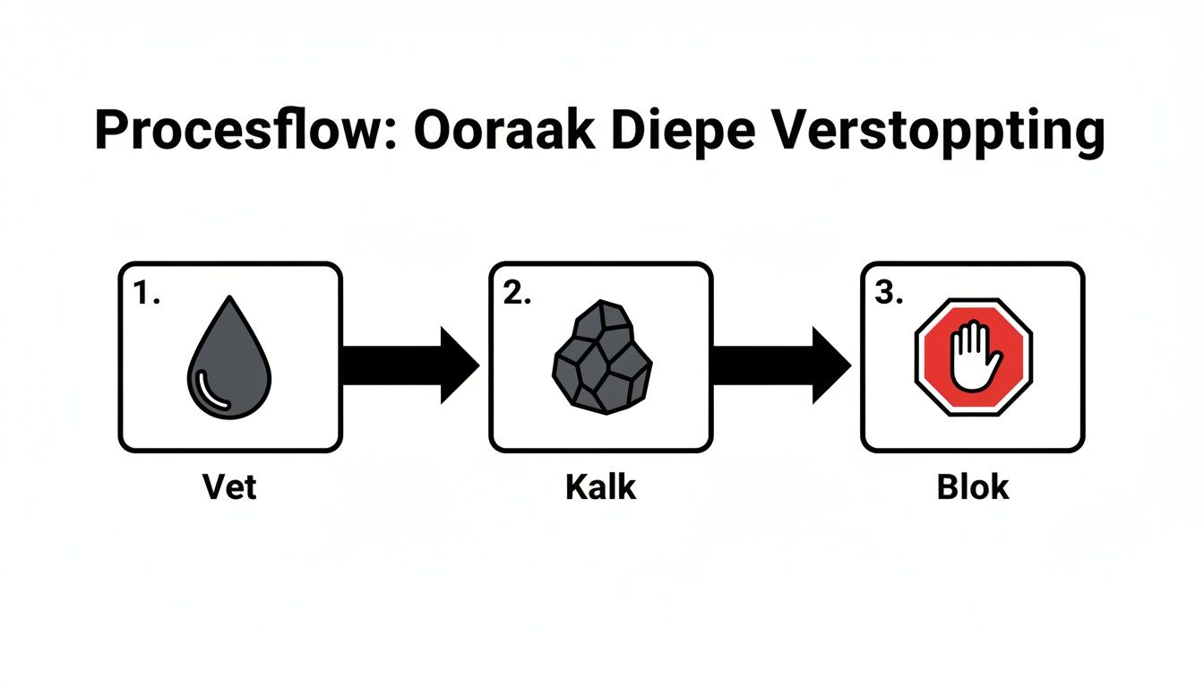 Een procesflow die de oorzaken van een diepe verstopping toont: vet, kalk, en uiteindelijk een blokkade.