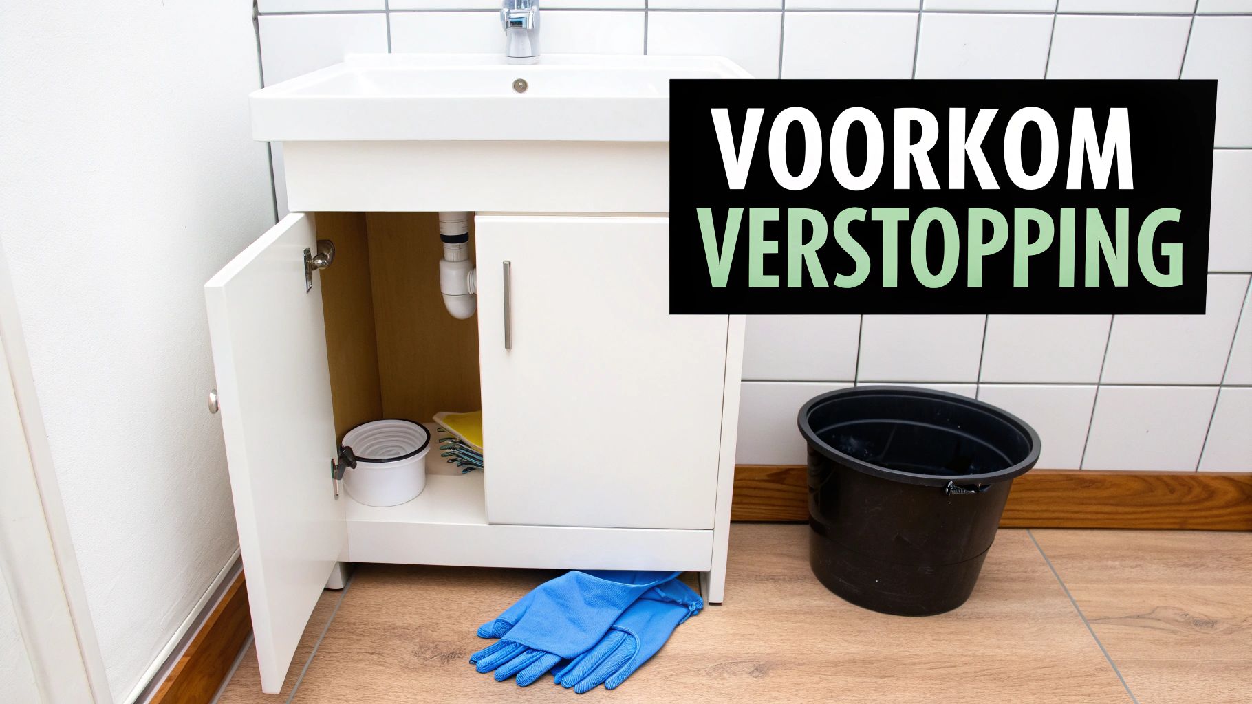 Kastje onder een wastafel met zichtbare sifon, schoonmaakartelen en handschoenen. Tekst: VOORKOM VERSTOPPING.