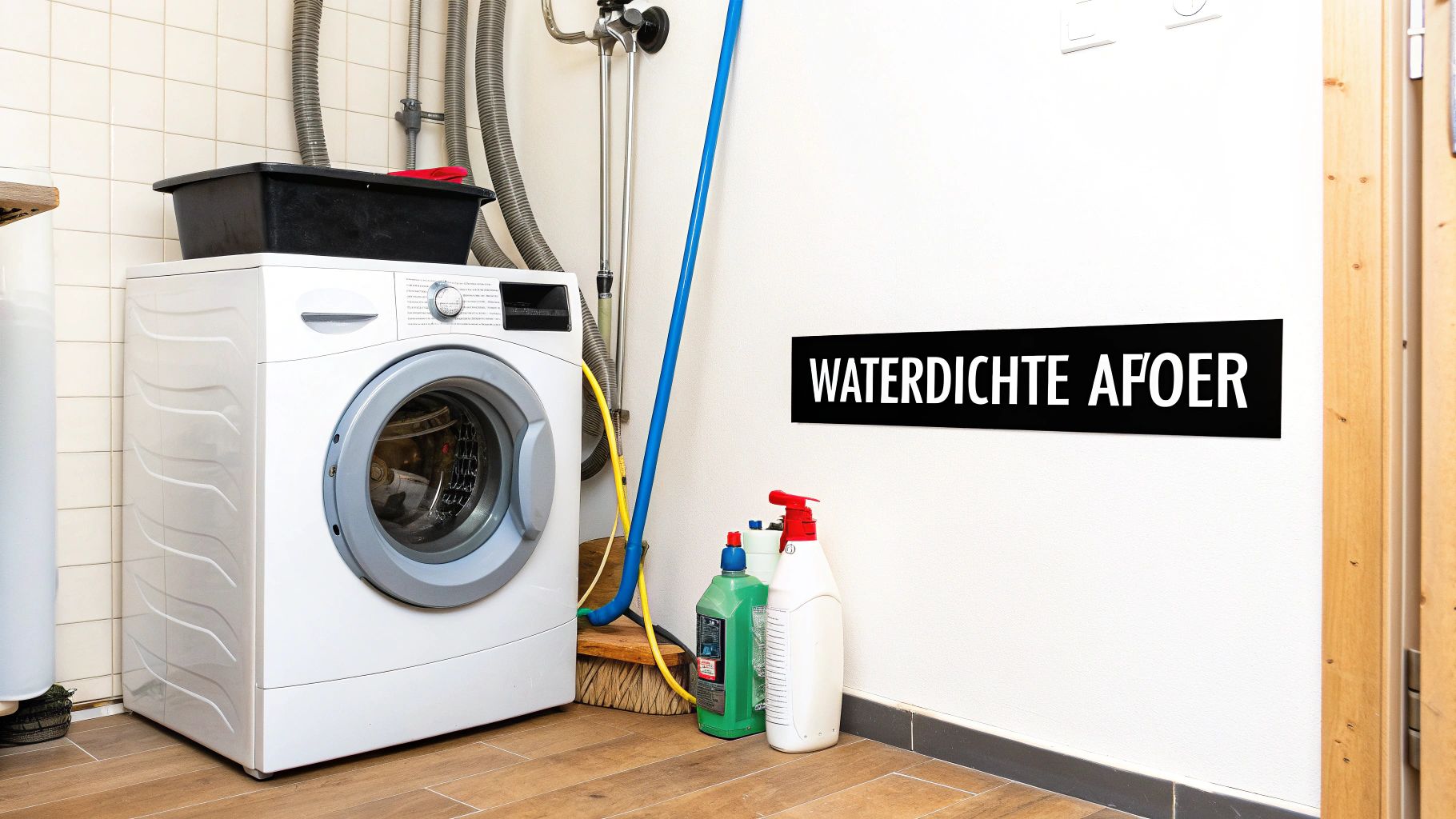 Wasmachine in een bijkeuken met afvoeraansluitingen, schoonmaakartikelen en een bordje 'WATERDICHTE AFOER'.