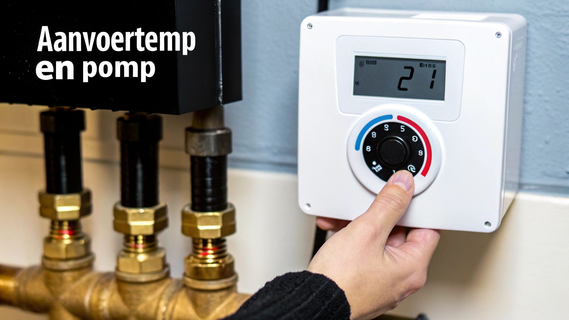 Hand past wit bedieningspaneel aan voor vloerverwarming met zichtbare leidingen en temperatuurinstelling.