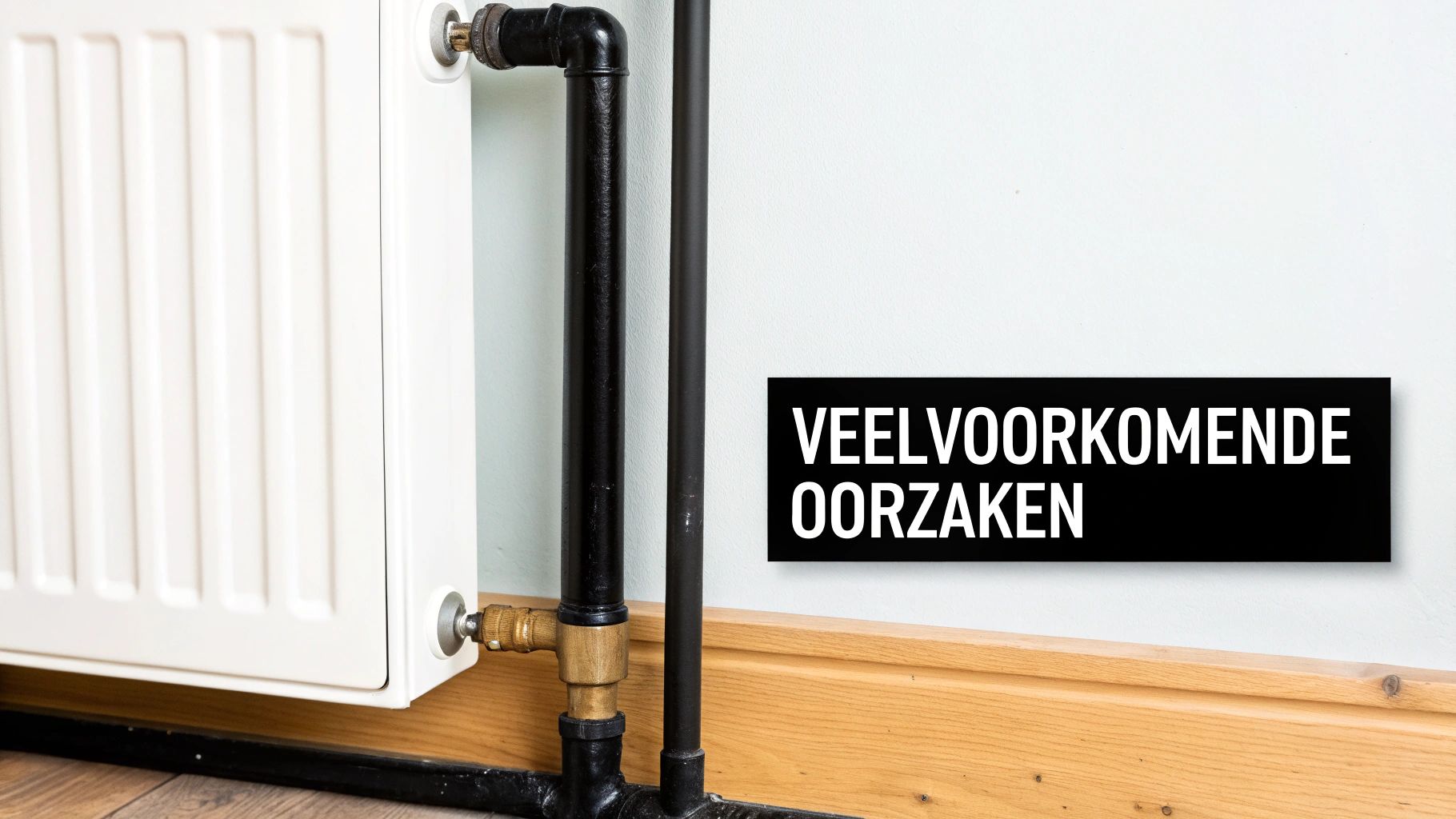 Detail van een witte radiator met zwarte verwarmingsbuizen en een messing fitting, tegen een lichte muur. De tekst 'VEELVOORKOMENDE OORZAKEN' staat op een zwarte balk.