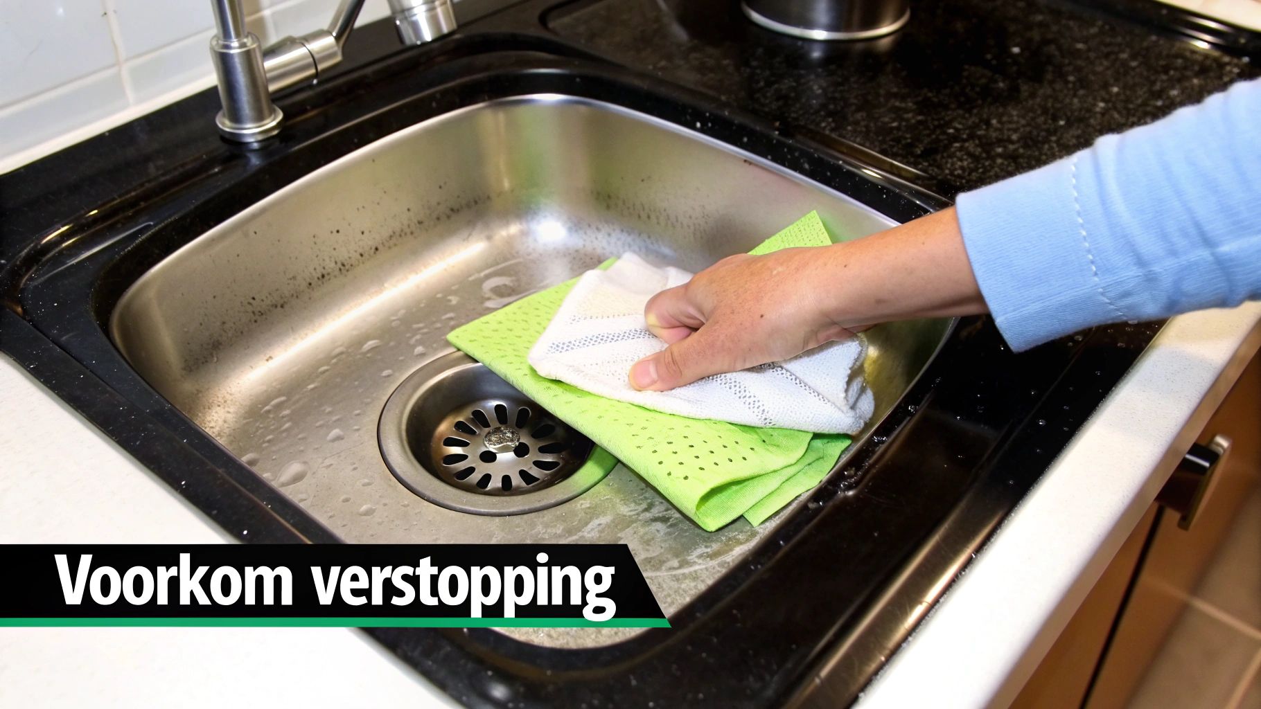 Een hand maakt een gootsteen in de keuken schoon met een groene en witte doek om verstopping te voorkomen.