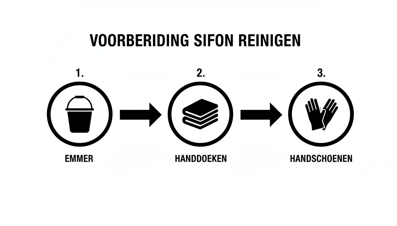 Stappenplan voor het reinigen van een sifon, met benodigdheden: emmer, handdoeken en handschoenen.