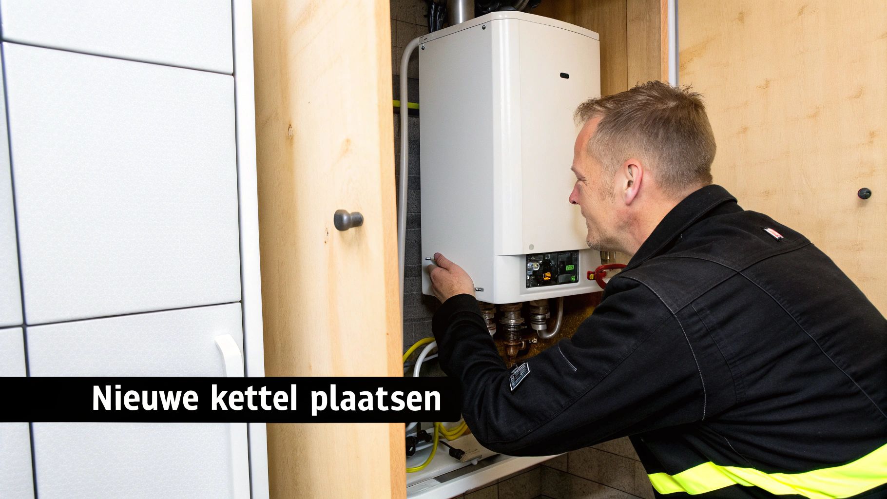 Man installeert een moderne witte cv-ketel, zichtbaar in een houten ombouw.