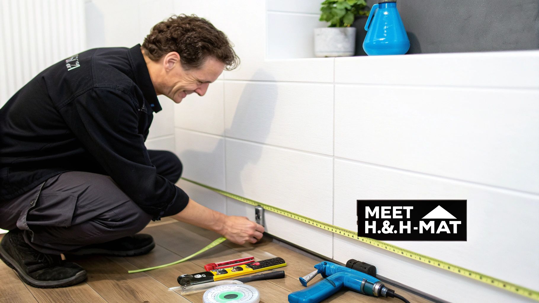 Professionele installateur meet de afstand tussen vloer en witte wand met een meetlint.