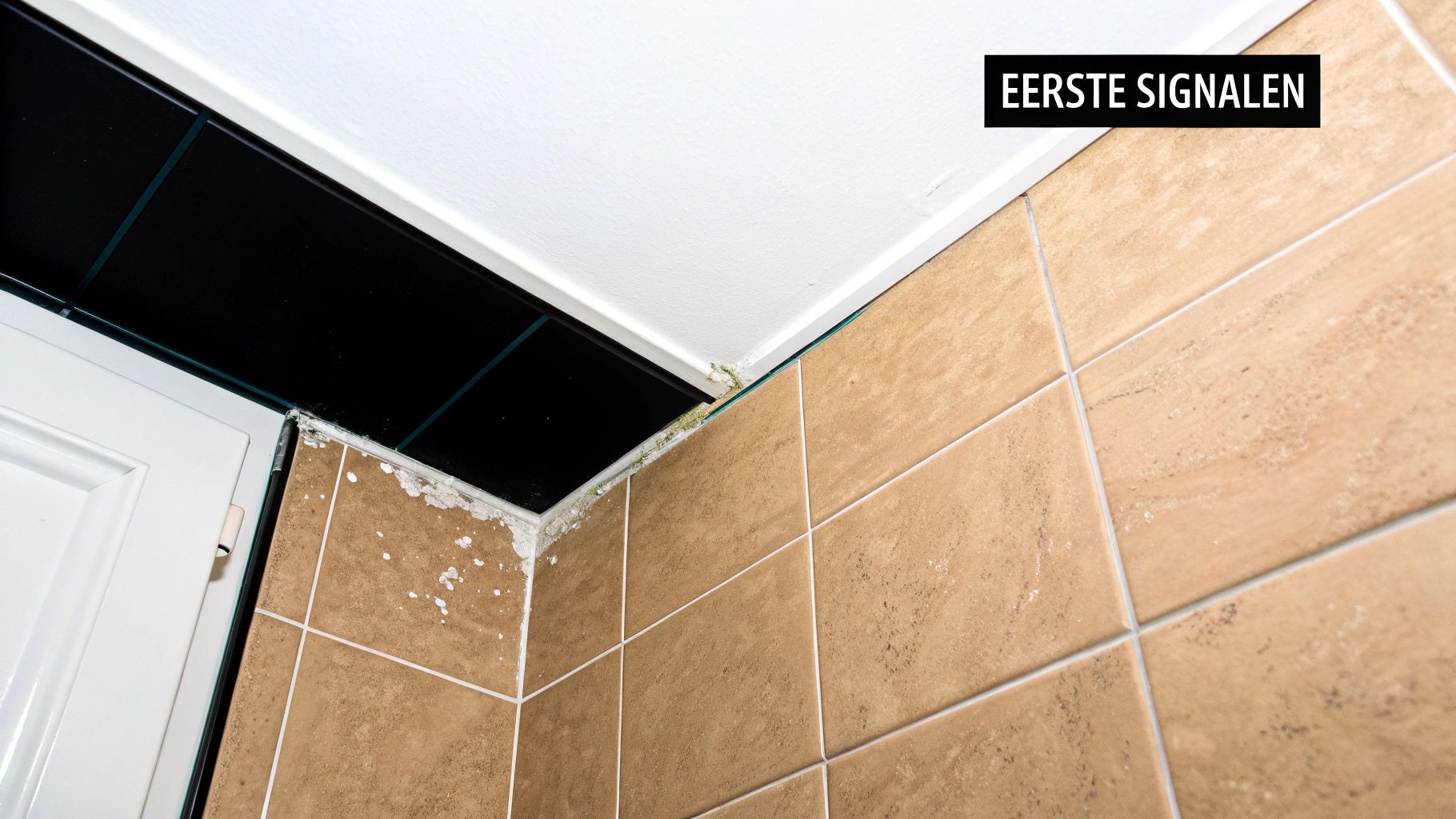 Detail van groene schimmel en vochtschade op de kitrand en tegels in een badkamer, met een wit plafond en bruine tegels. 'EERSTE SIGNALEN'.