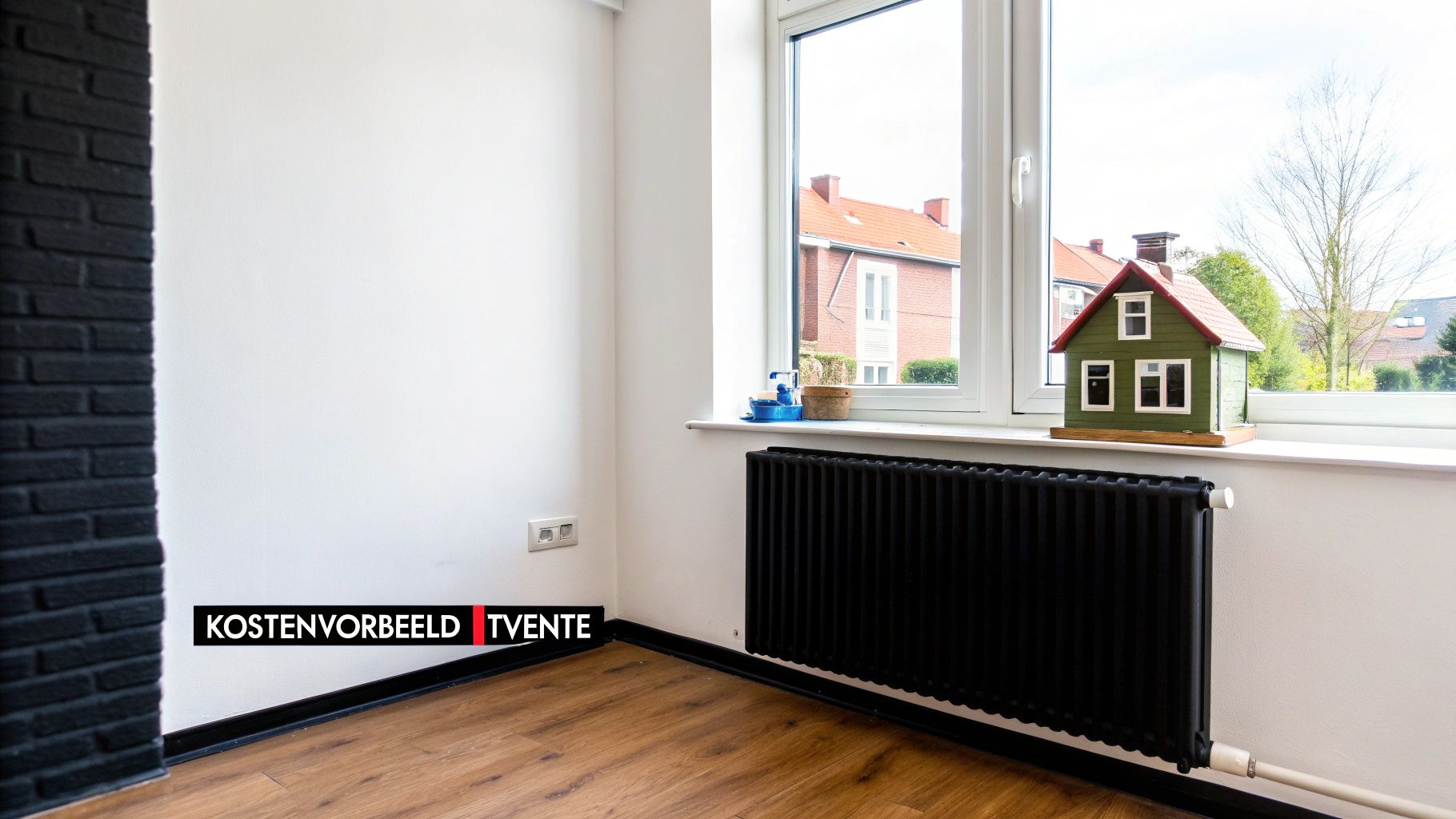 Moderne kamerhoek met zwarte designradiator onder een raam, witte muren en een warme houten vloer.