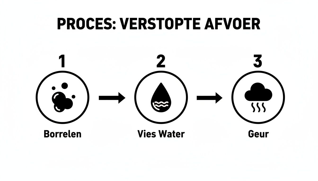 Een stap-voor-stap diagram over het proces van een verstopte afvoer, van borrelen tot vies water en geur.