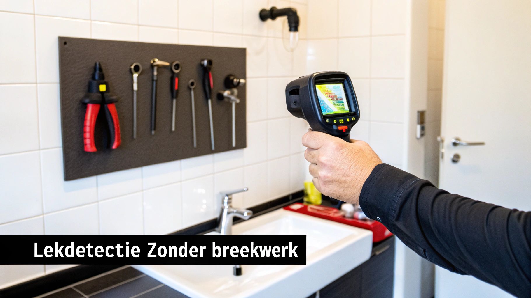 Een persoon gebruikt een warmtebeeldcamera om een lekkage te detecteren in een betegelde badkamer, met gereedschap aan de muur.