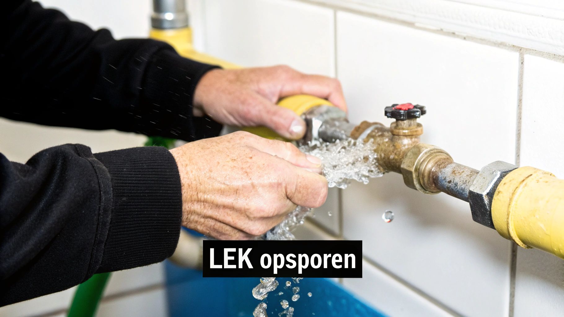Handen die een lekkende waterleiding proberen te repareren, met opspattend water en de tekst 'LEK opsporen'.