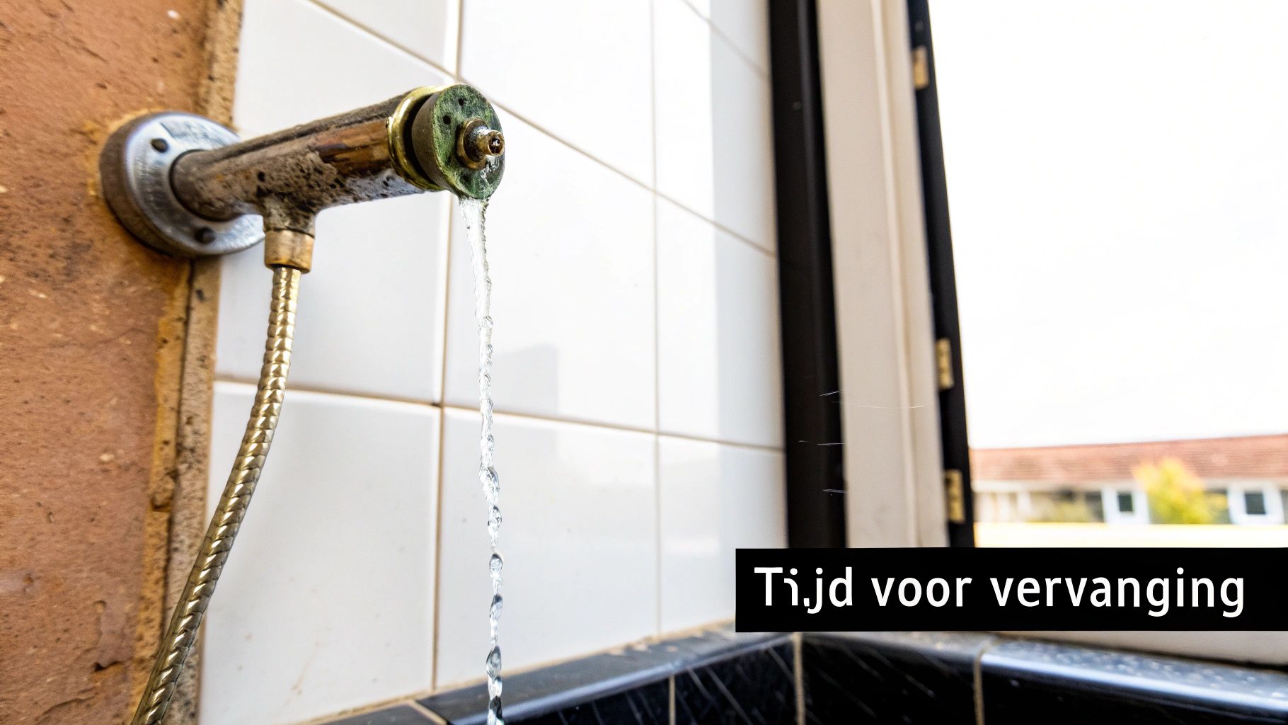 Oude, lekkende thermostaatkraan in een douche met water dat druppelt. Tijd voor vervanging.