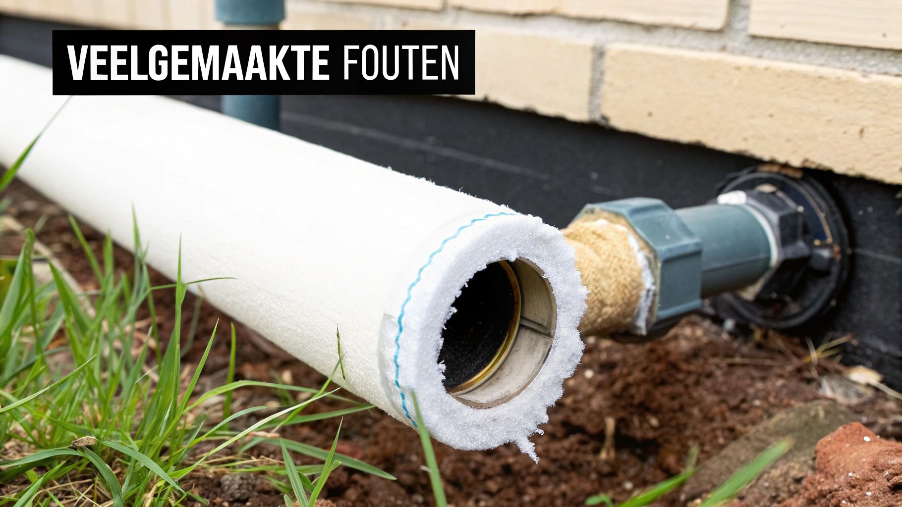 Een geïsoleerde waterleiding komt uit de grond naast een stenen muur, met de tekst 'VEELGEMAAKTE FOUTEN'.