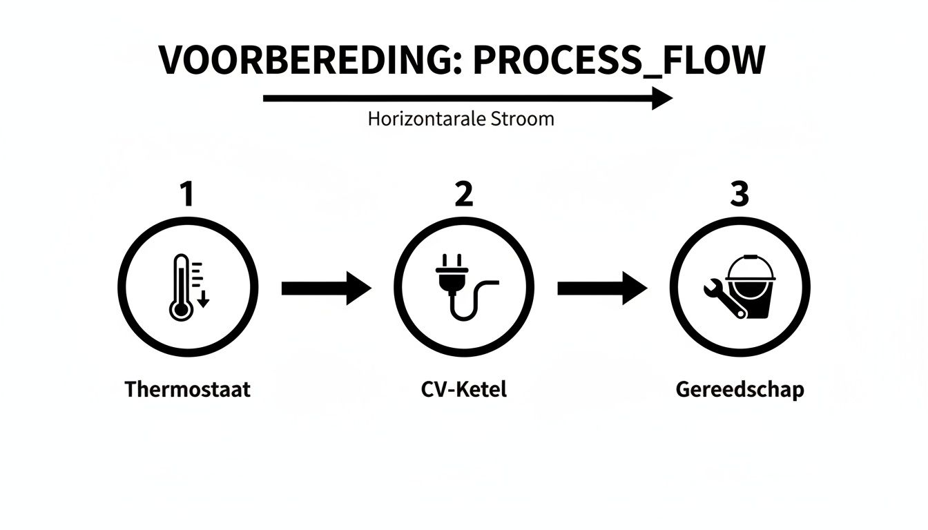 Een horizontale processtroom voorbereiding met stappen: Thermostaat, CV-Ketel en Gereedschap.