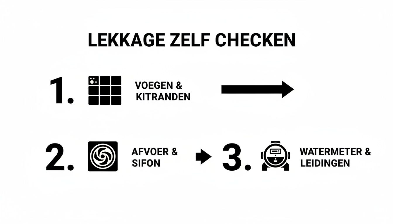 Stappenplan voor het zelf controleren op lekkage: voegen, kitranden, afvoer, sifon, watermeter en leidingen.