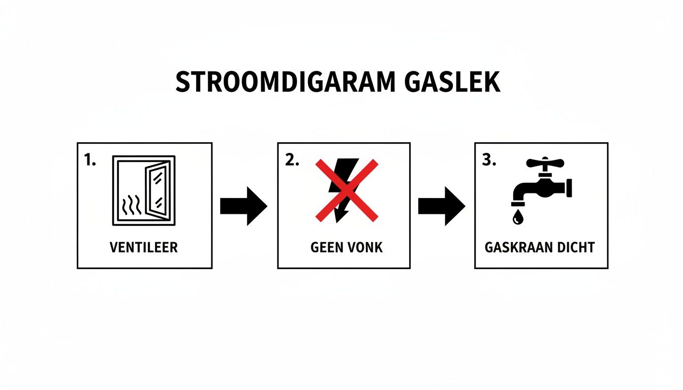 Stroomdiagram met stappen bij een gaslek: ventileren, vonkvorming vermijden en gaskraan sluiten.
