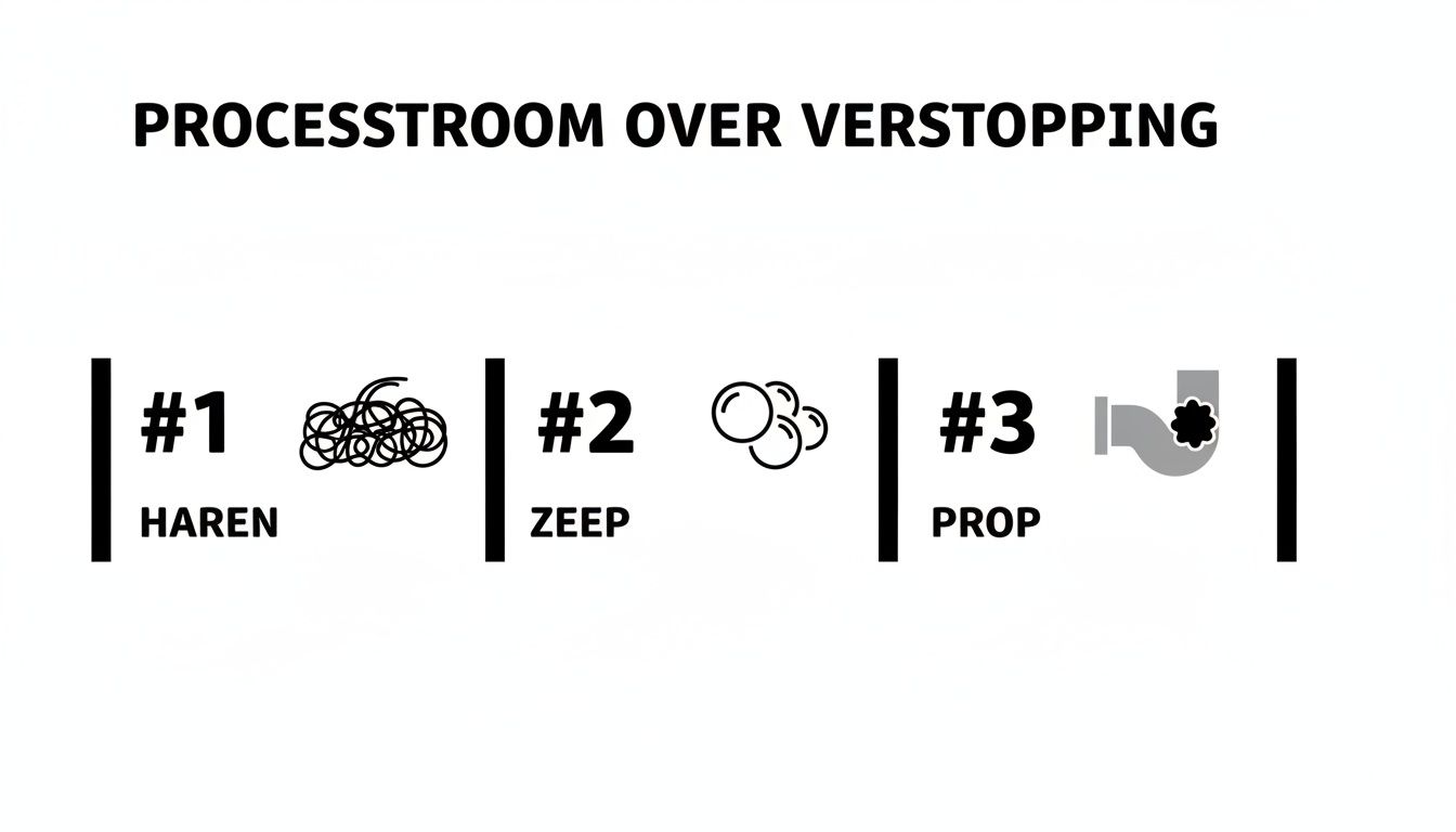 Processtroom over veelvoorkomende oorzaken van verstoppingen: haar, zeep en een prop in de afvoer.