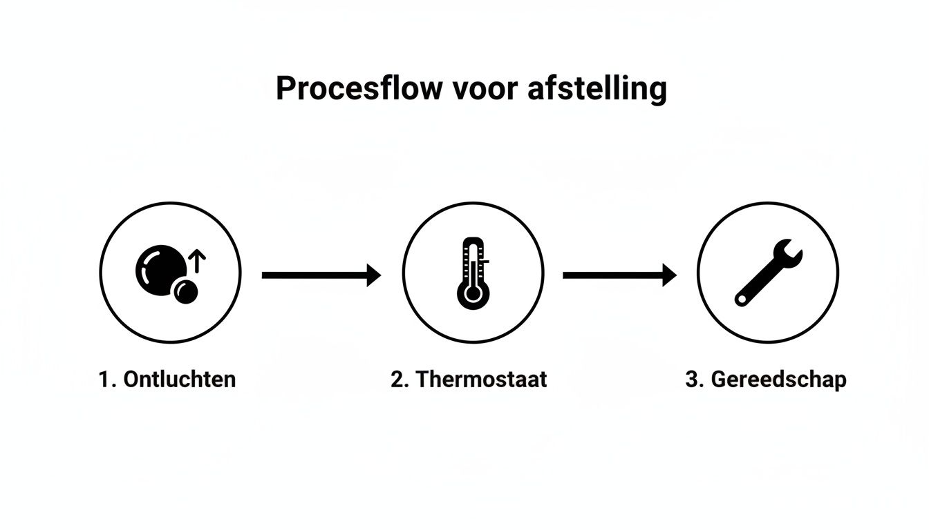Procesflow voor afstelling met stappen: 1. Ontluchten, 2. Thermostaat, 3. Gereedschap.