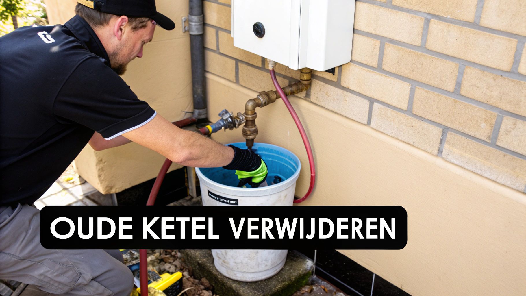 Een monteur verwijdert een oude ketel buiten, waarbij water in een emmer wordt opgevangen.
