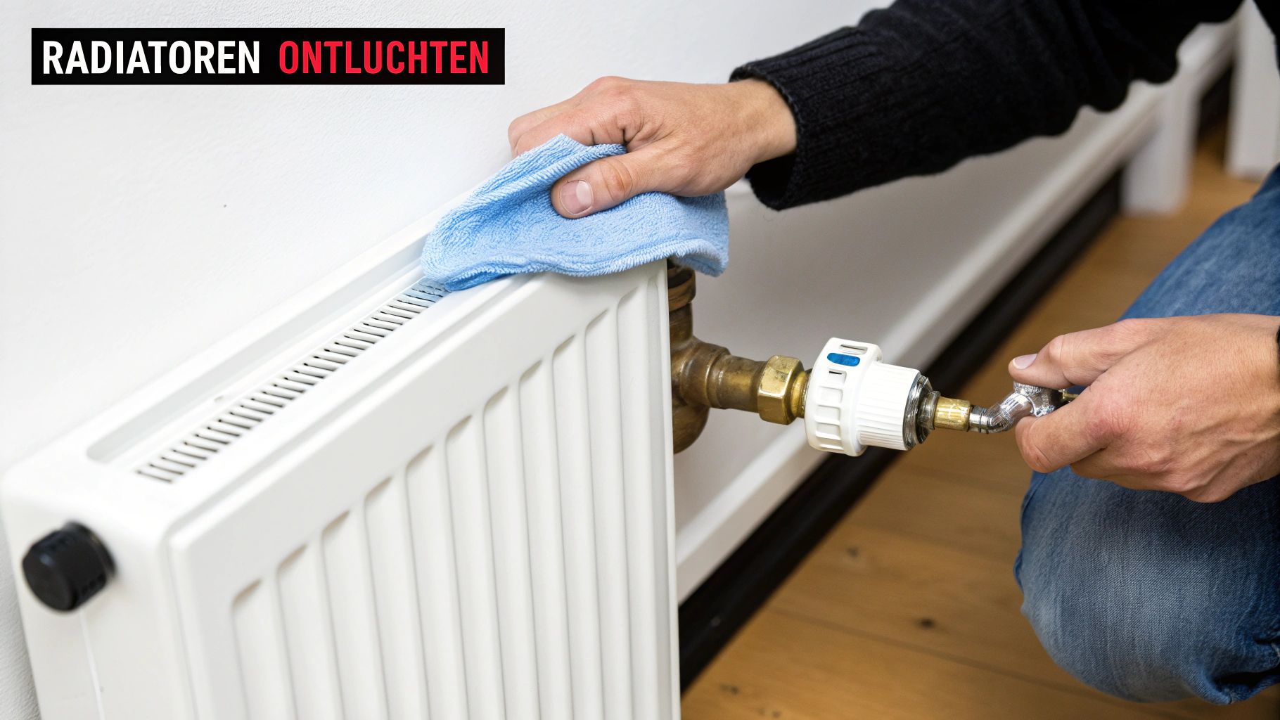 Een persoon ontlucht een witte radiator met een ontluchtingssleutel, terwijl een blauw doekje klaar ligt om water op te vangen.