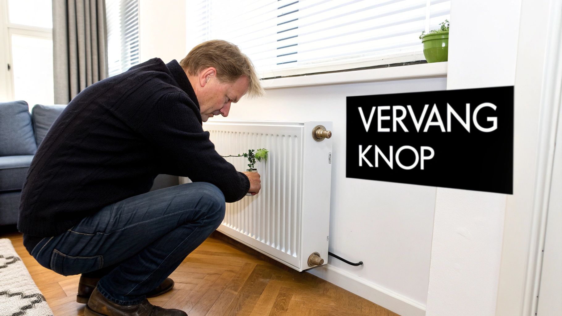 Man hurkt om een radiatorthermostaatknop te vervangen die overwoekerd is door een plant, naast een bordje 'Vervang Knop'.