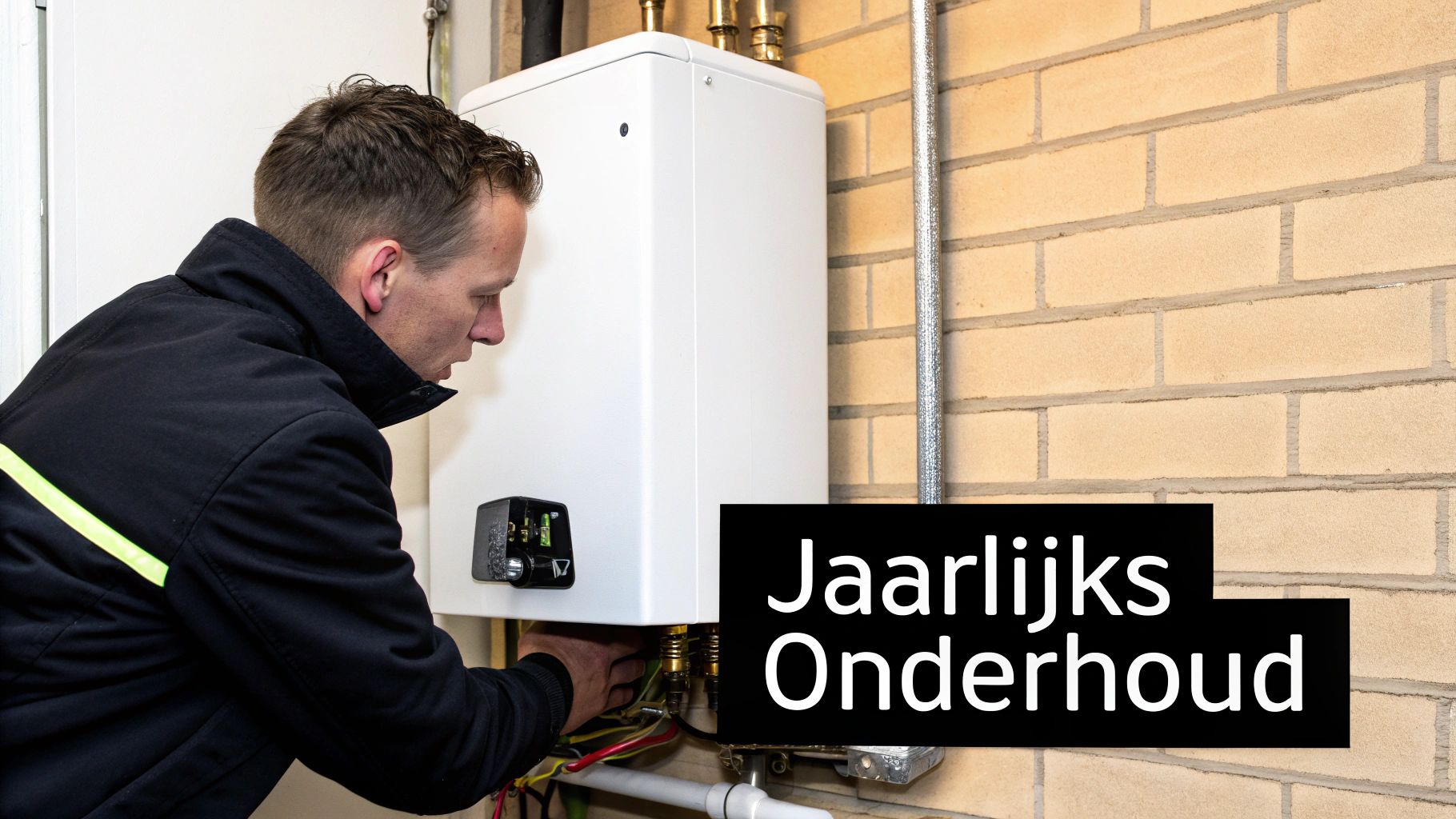 Een monteur voert onderhoud uit aan een witte cv-ketel tegen een bakstenen muur, met de tekst 'Jaarlijks Onderhoud'.
