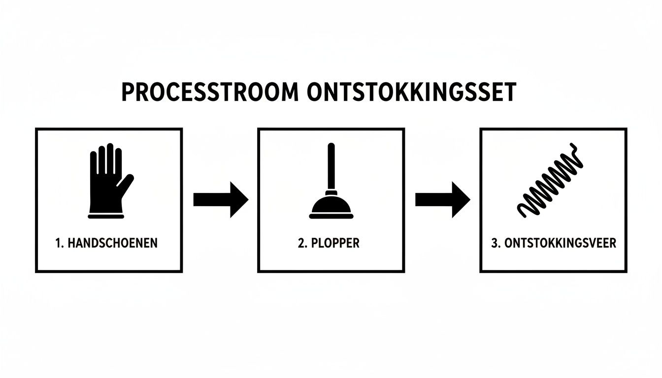 Een stroomschema van een ontstoppingsset, beginnend met handschoenen, gevolgd door een plopper en een ontstokkingsveer.