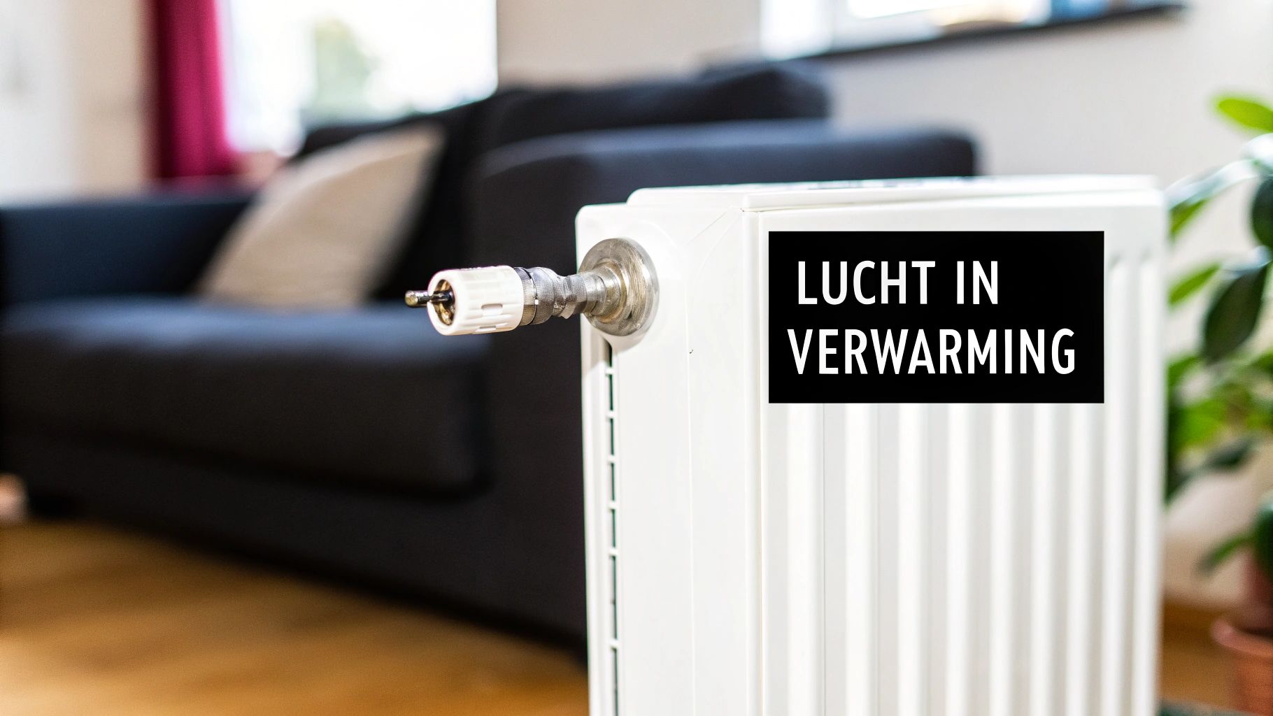 Gedetailleerde foto van een witte radiator met ontluchtingsventiel en een label 'LUCHT IN VERWARMING', in een huiselijke setting.