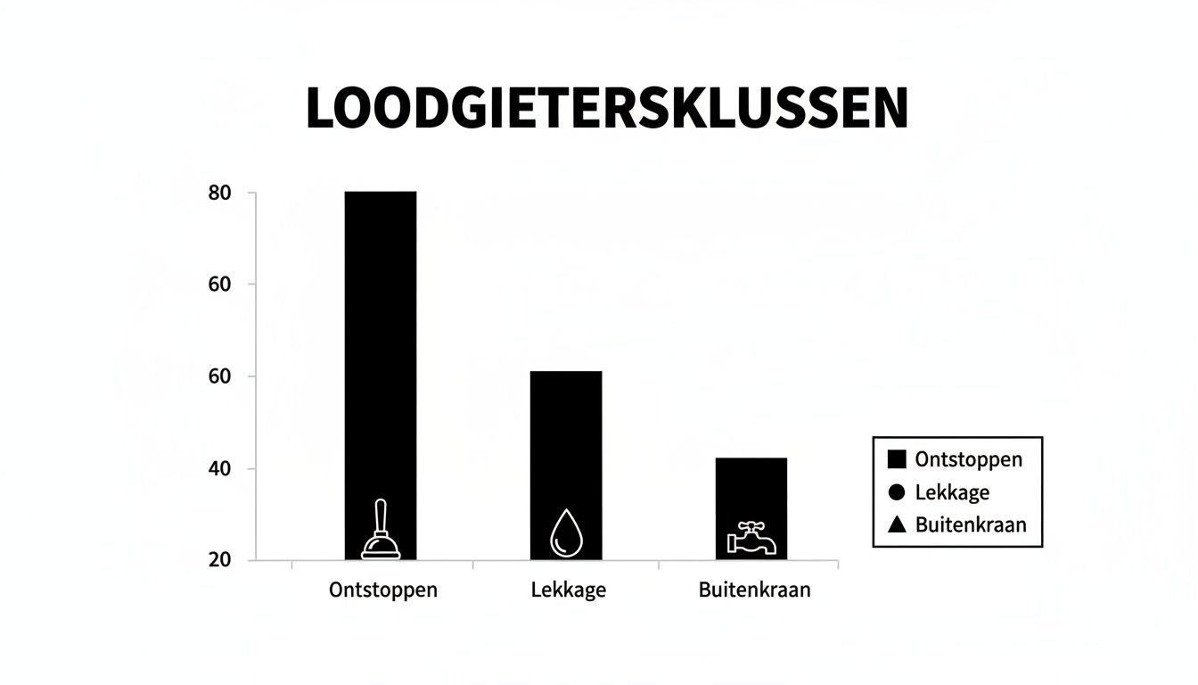 Staafdiagram over veelvoorkomende loodgietersklussen, inclusief ontstoppen, lekkage en reparaties aan buitenkranen, met duidelijke categorieën en frequenties.