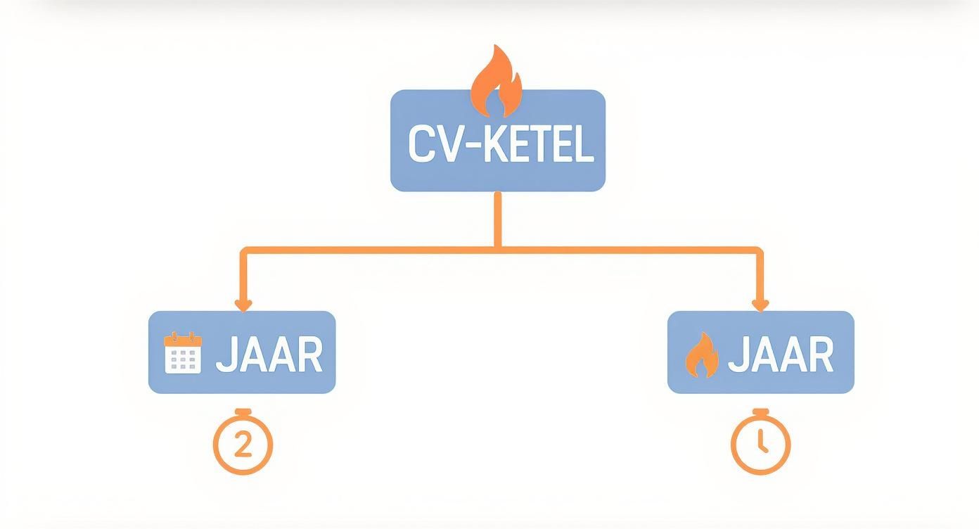 Schema van CV-ketel onderhoudsfrequentie: opties voor jaarlijkse controle of eens per twee jaar.
