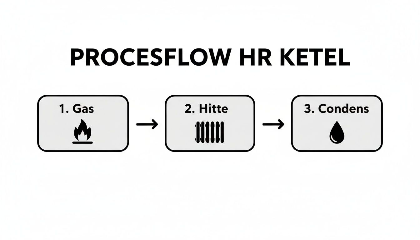 Een diagram dat de processtroom van een HR ketel toont, inclusief gas, hitte en condensatie in drie stappen.