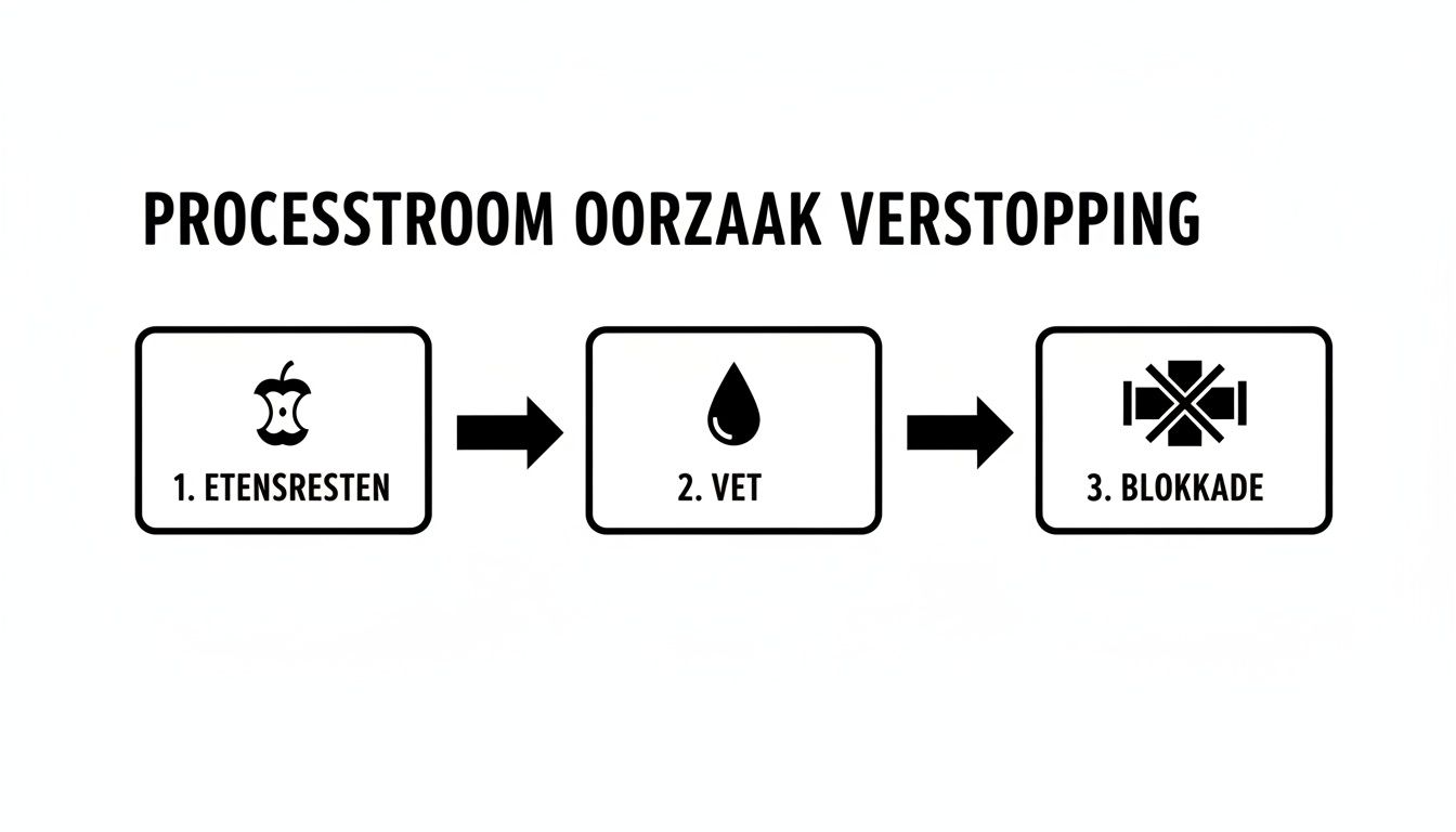 Een processtroomdiagram toont hoe etensresten en vet via een keten leiden tot een verstopping.