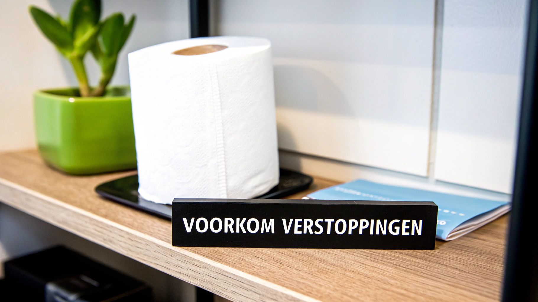 Een rol wc-papier en een plantje staan op een houten plank naast een bordje met 'Voorkom verstoppingen'.
