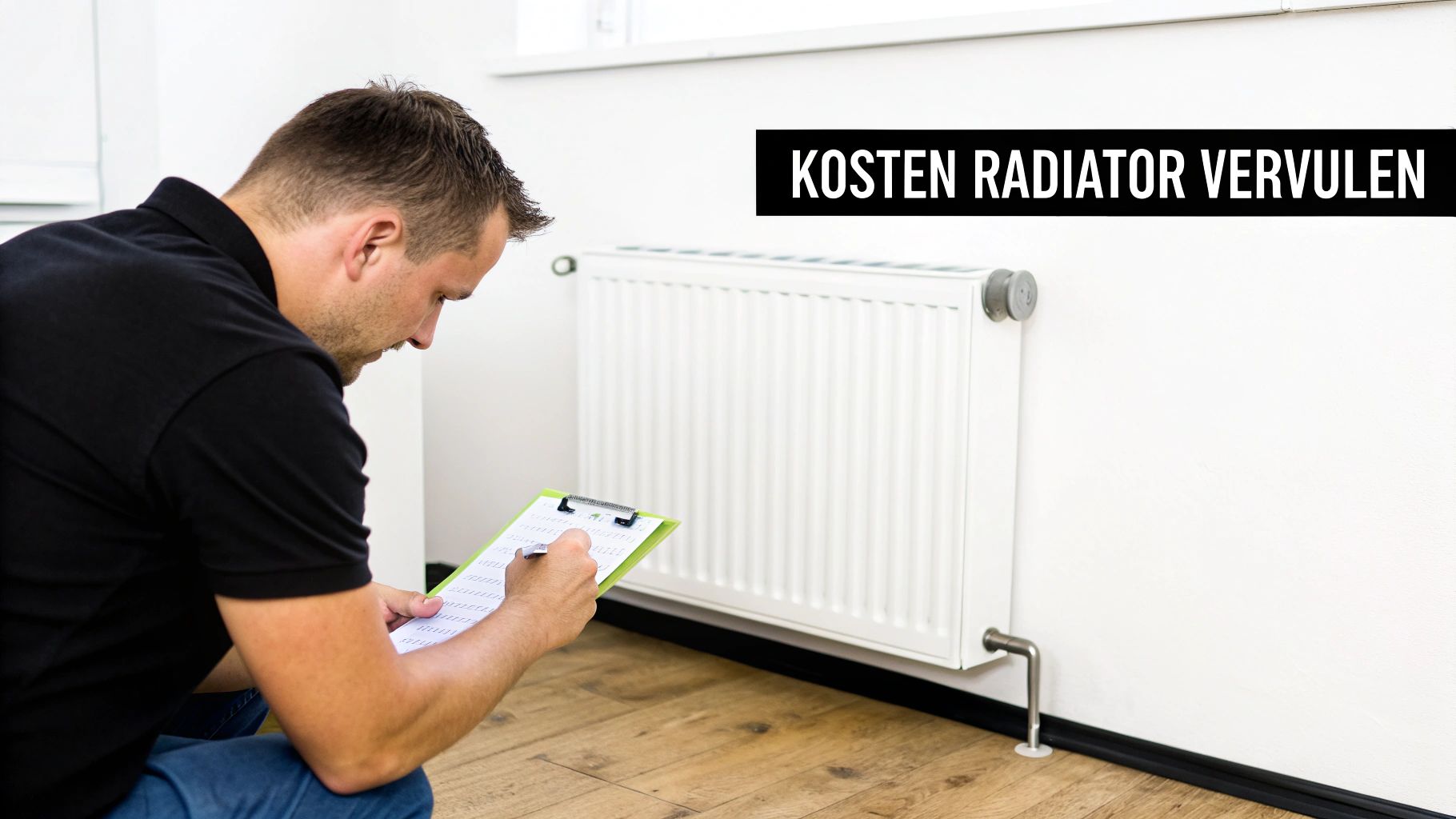 Man in zwarte polo inspecteert een witte radiator en schrijft op een klembord.